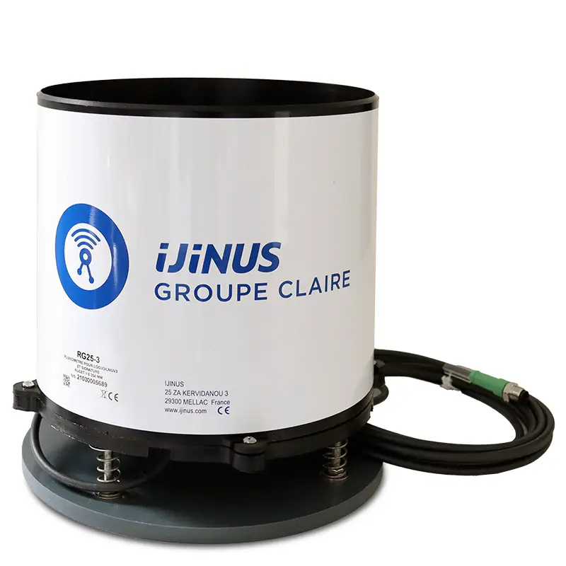 Pluviomètre à auget avec câble 5m connectorisé pour enregistreur ou capteur de niveau d'eau, et support PVC